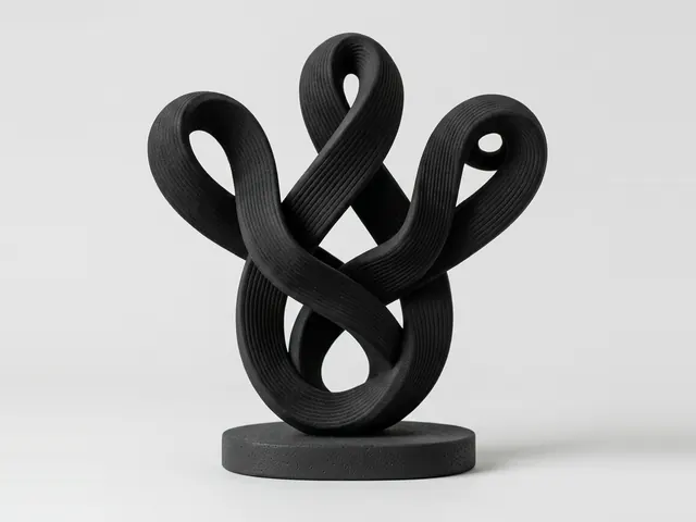 Black Infinity Knot Sculpture, 3D print design, studio view