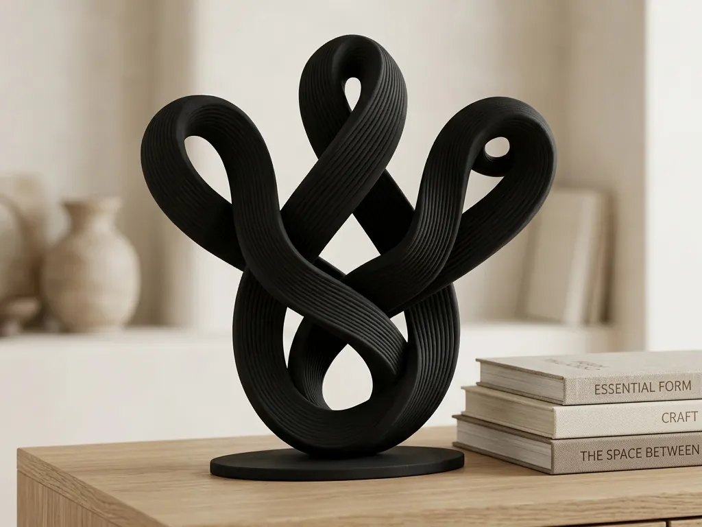 Black Infinity Knot Sculpture, styled in a room