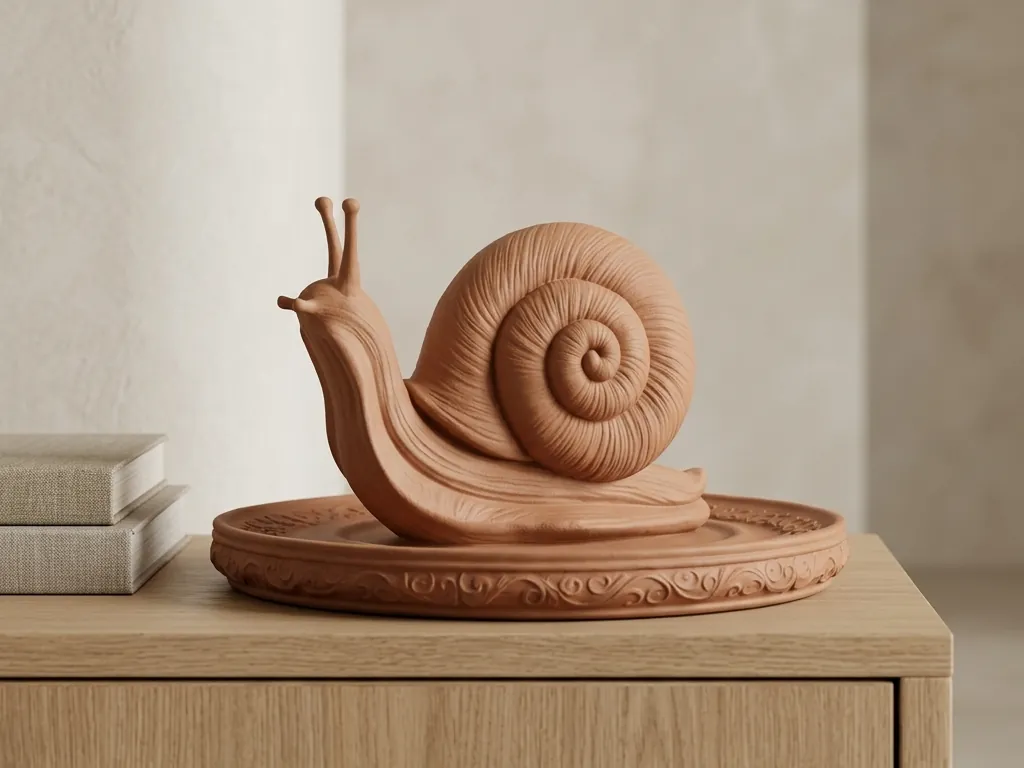 Terracotta Spiral Snail Curio, styled in a room