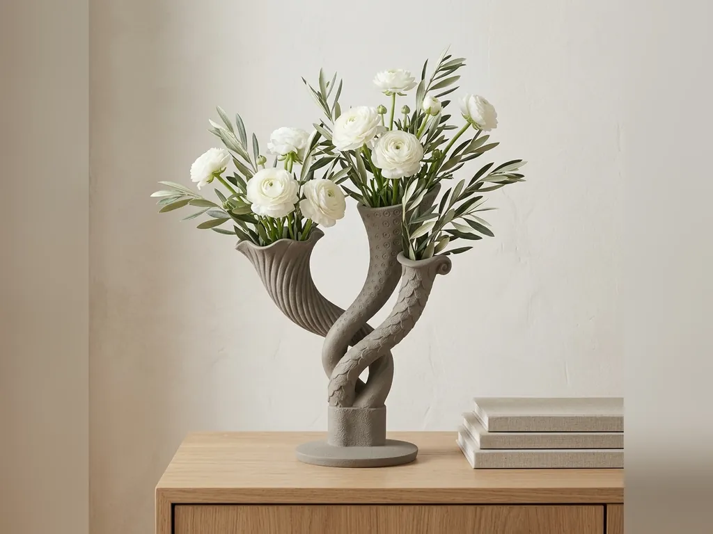 Stone Triple Horn Vase, styled in a room