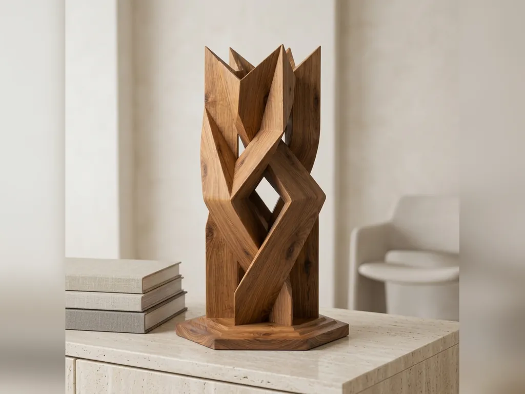Walnut Faceted Origami Curio, styled in a room