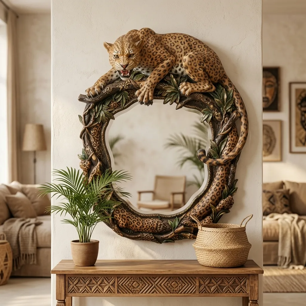 Leopard jungle wall mirror styled above a console