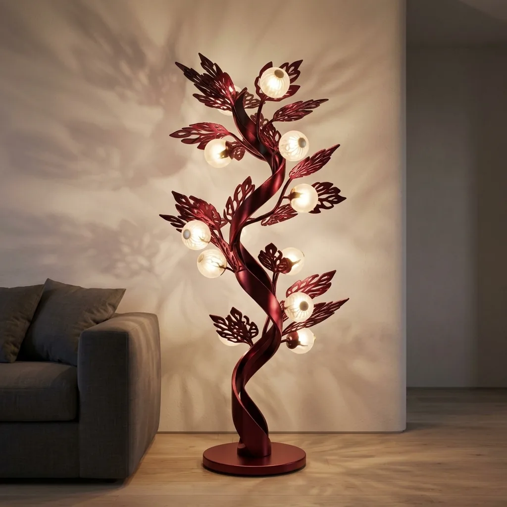Crimson tree floor lamp lit in a living room