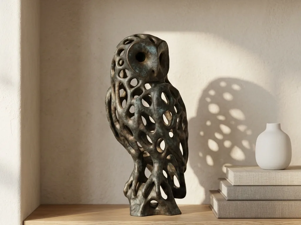 Bronze Openwork Owl Curio, styled in a room
