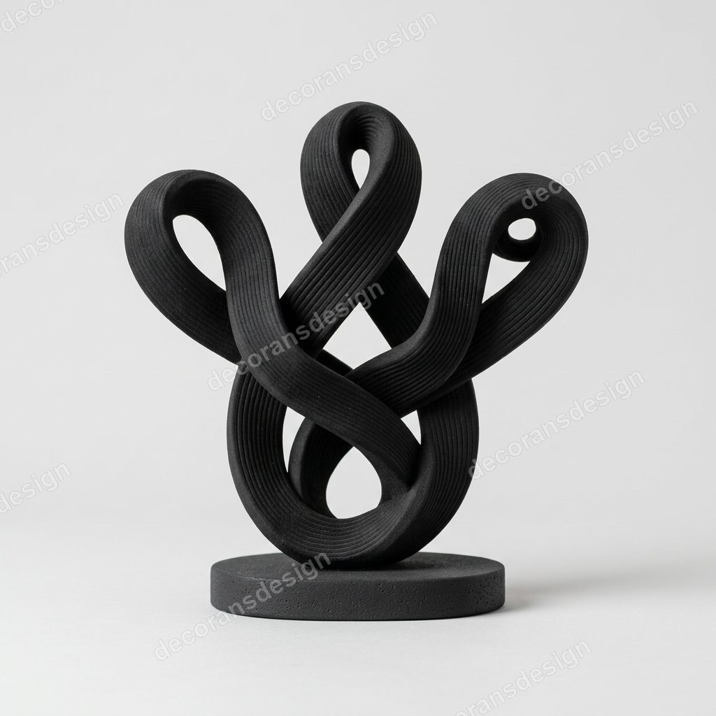 Black Infinity Knot Sculpture, 3D print design, studio view