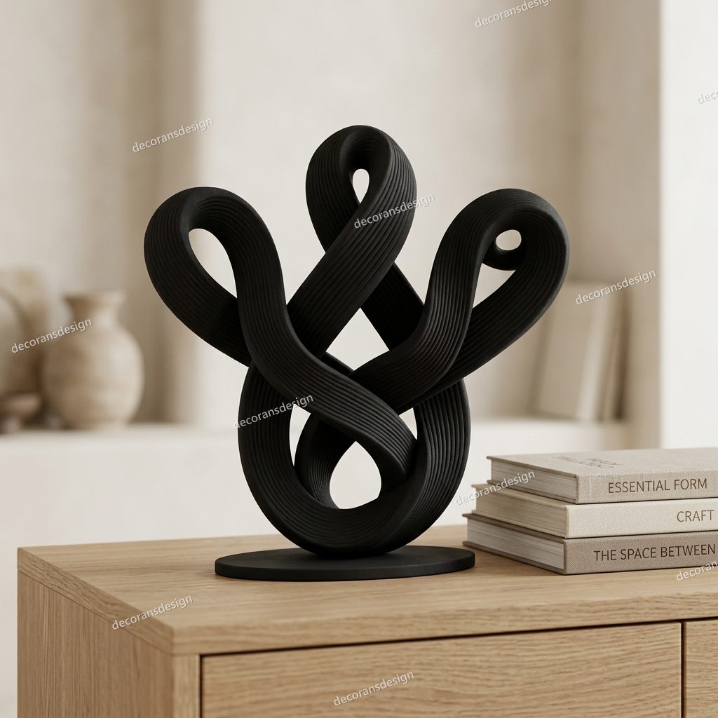 Black Infinity Knot Sculpture, styled in a room