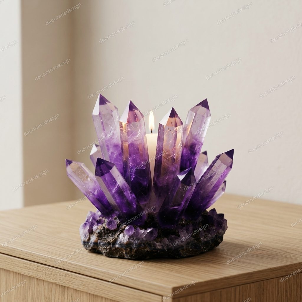 Amethyst candle holder styled in a room