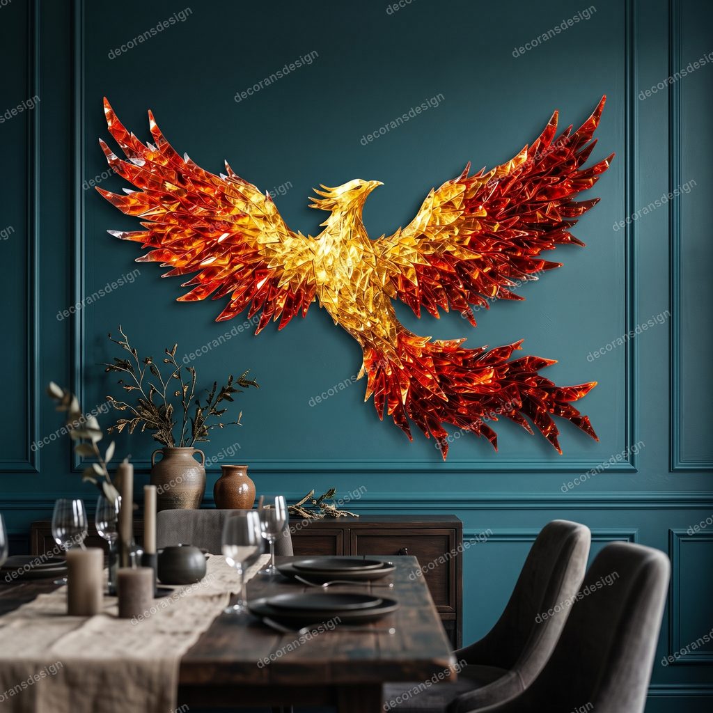 Phoenix wall relief built from hundreds of angled amber and garnet glass shards