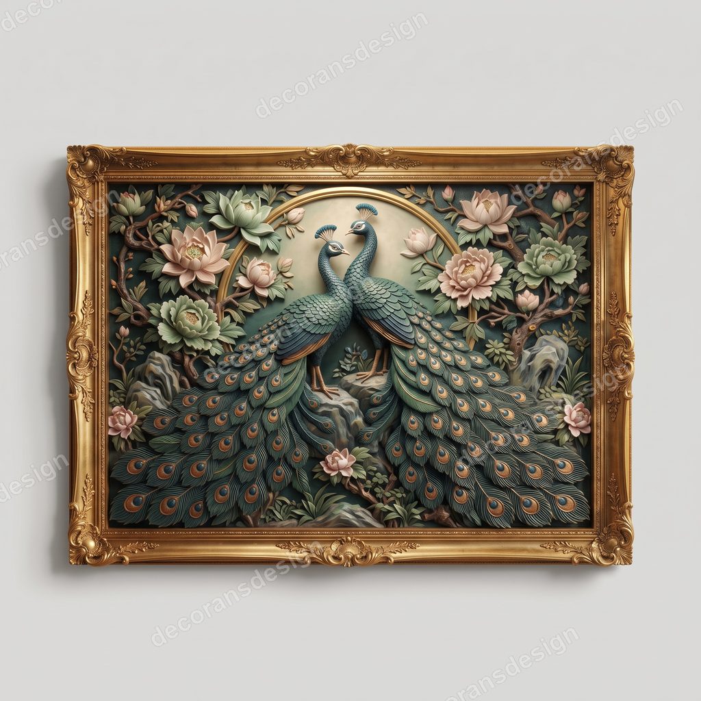 Twin Peacocks Floral Wall Relief, 3D print design, studio view