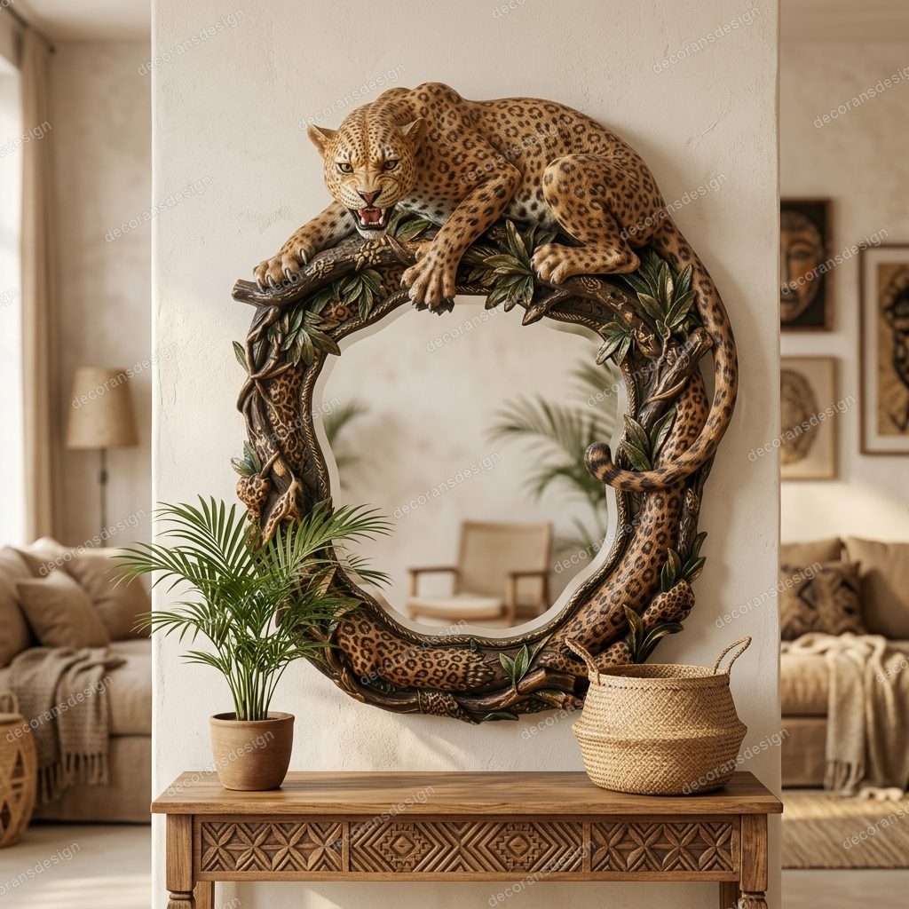 Leopard jungle wall mirror styled above a console