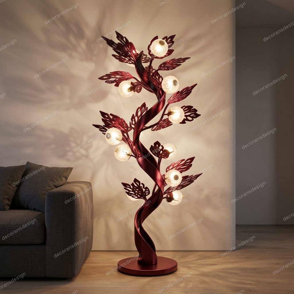 Crimson tree floor lamp lit in a living room