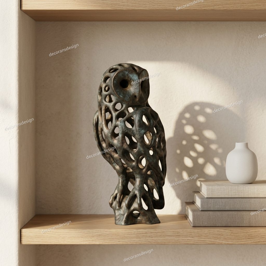 Bronze Openwork Owl Curio, styled in a room