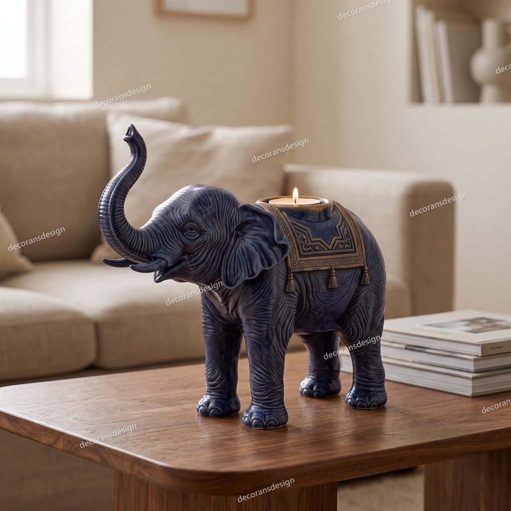 Sapphire Elephant Candle Holder, styled in a room