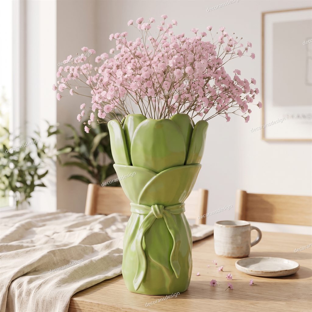 Green Tulip Bouquet Vase, styled in a room