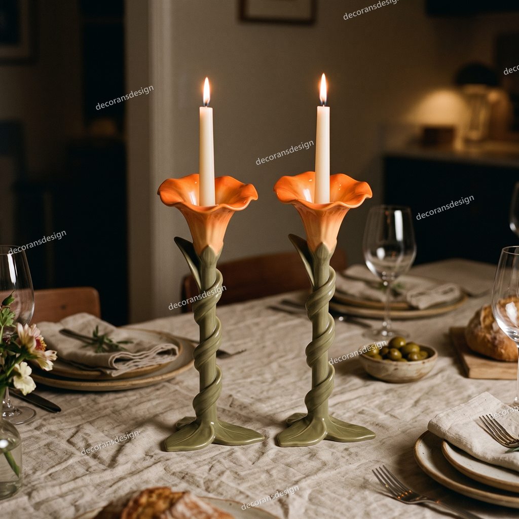 Orange Morning Glory Candle Holder, styled in a room