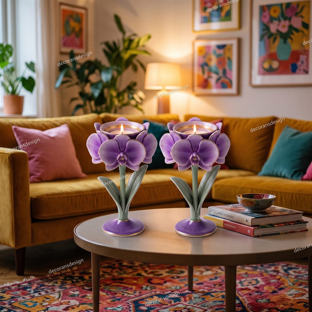Pair of violet orchid candle holders lit on a coffee table