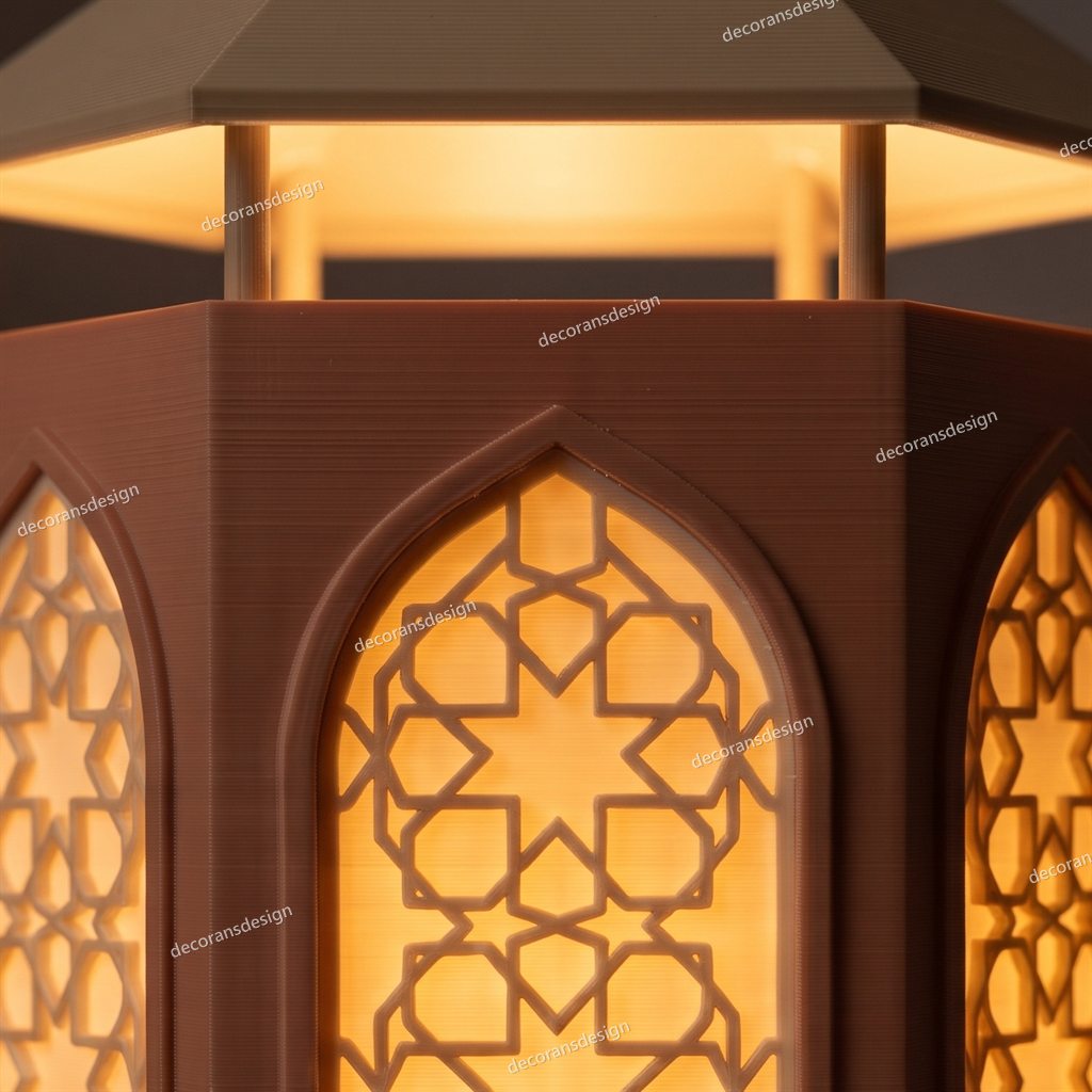 Anatolian Tower Table Lamp, close-up of a glowing girih panel