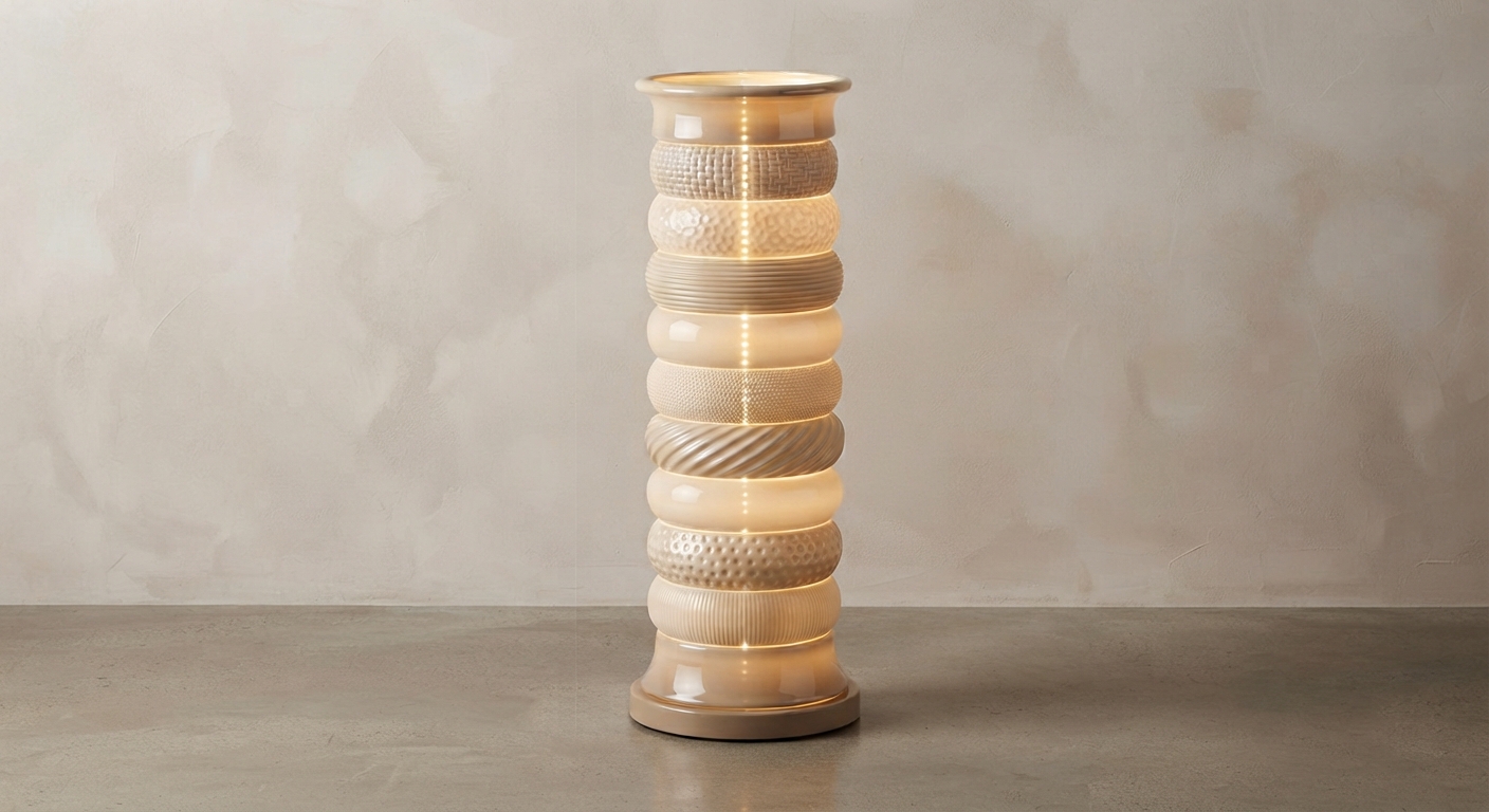 Warm beige ceramic-like segmented floor lamp render, twelve stacked textured rings glowing softly from within