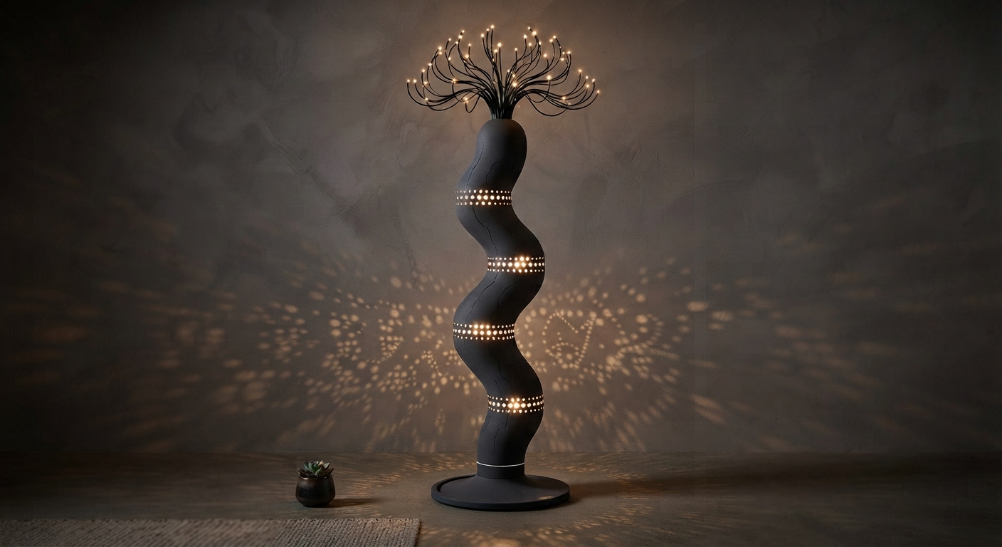 Matte charcoal black undulating floor lamp render, glowing perforated light bands, top dissolving into thin branching tendrils