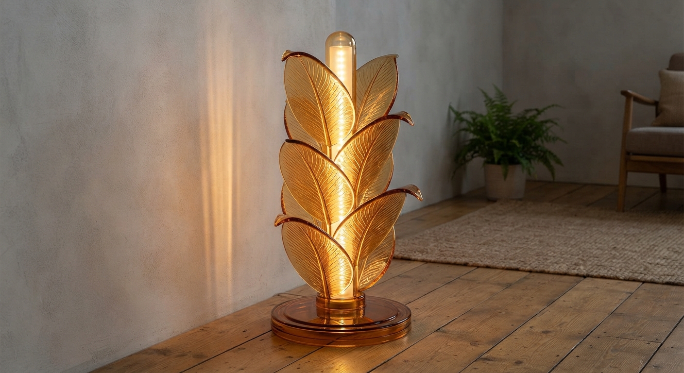 Warm amber translucent glass floor lamp render, spiraling leaf forms glowing around a central light core