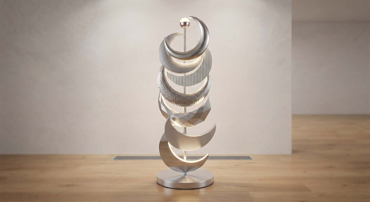 Brushed silver crescent floor lamp render, seven interlocking crescent shapes spiraling upward, each with a different metallic texture