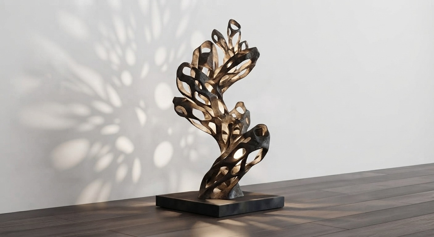 Coral sculpture floor lamp render, weathered charcoal fronds with organic openings on a dark square plinth, casting dappled shadows on the wall