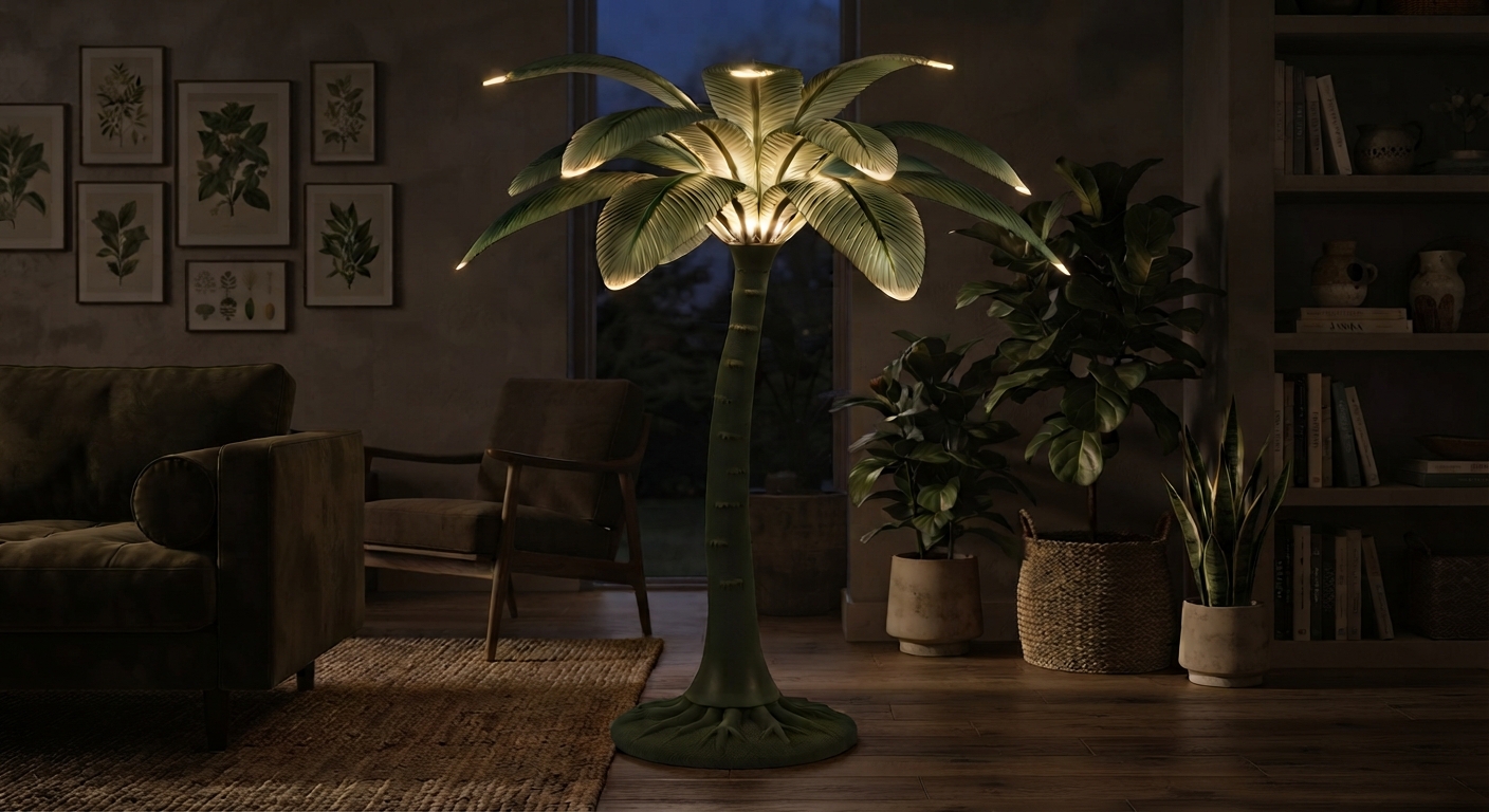 Matte forest green palm tree floor lamp render, fanning fronds with light glowing at the tips, textured root base
