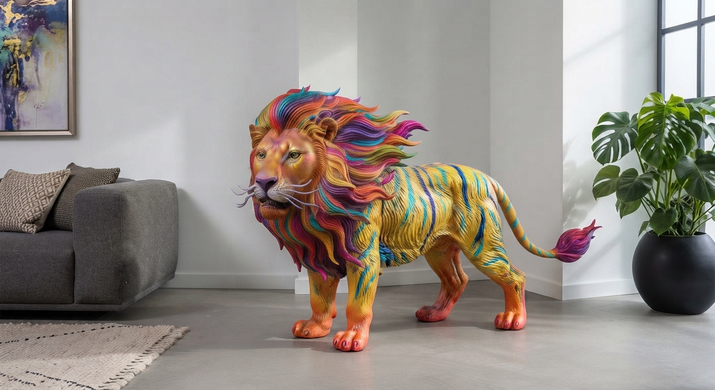 Vivid multicolored lion figurine standing with mane swept back in the wind, glossy finish