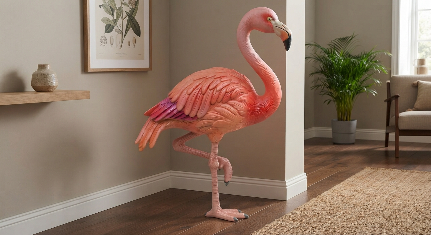 Vibrant pink and coral flamingo figurine standing on one leg with neck curved in an S-shape, glossy finish