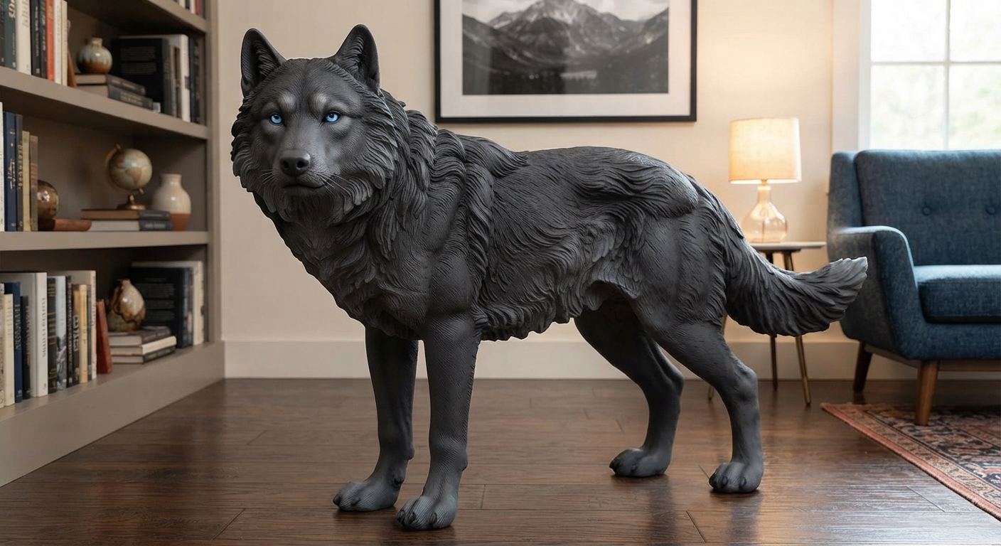Matte charcoal gray wolf figurine in a confident alert stance, blue eyes, velvety fur texture