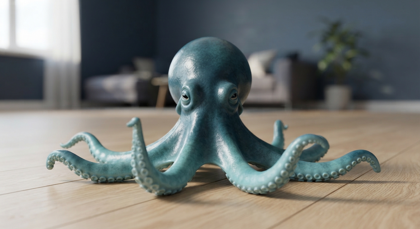 Teal-blue octopus figurine with all eight tentacles spread flat on the floor, straight-on frontal view in a navy-toned living room corner