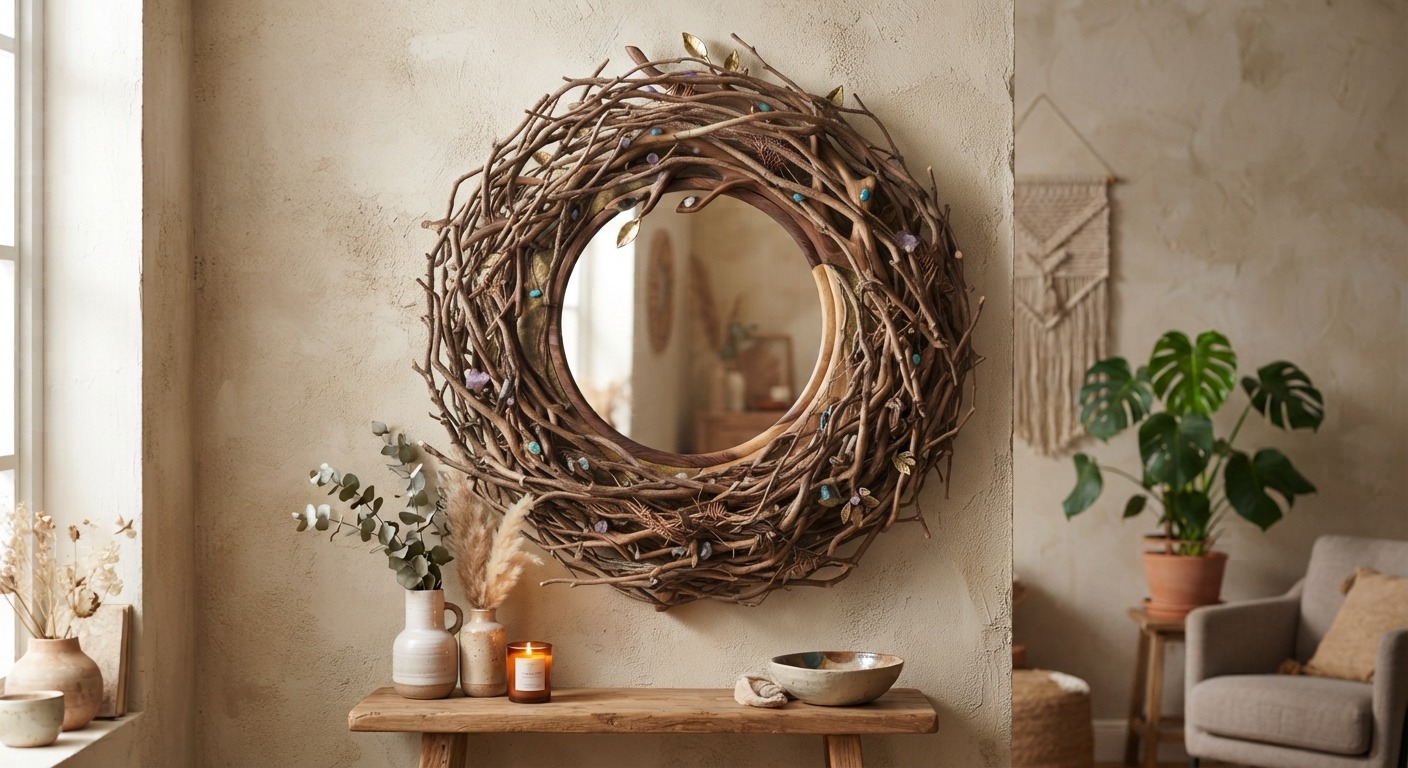 Twig wreath round wall mirror render, woven brown branches with turquoise and violet gemstone accents and gold leaves around a wooden inner ring
