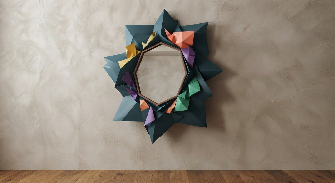 Origami wall mirror render, deep teal folded star frame with mustard, coral, violet and mint paper-fold accents around an octagonal wood-framed mirror