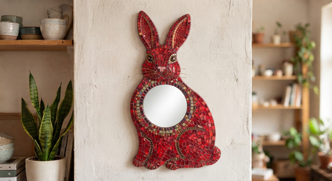 Red mosaic rabbit wall mirror render, seated rabbit silhouette covered in glossy red tiles with gold swirl accents and brass whiskers around a round mirror