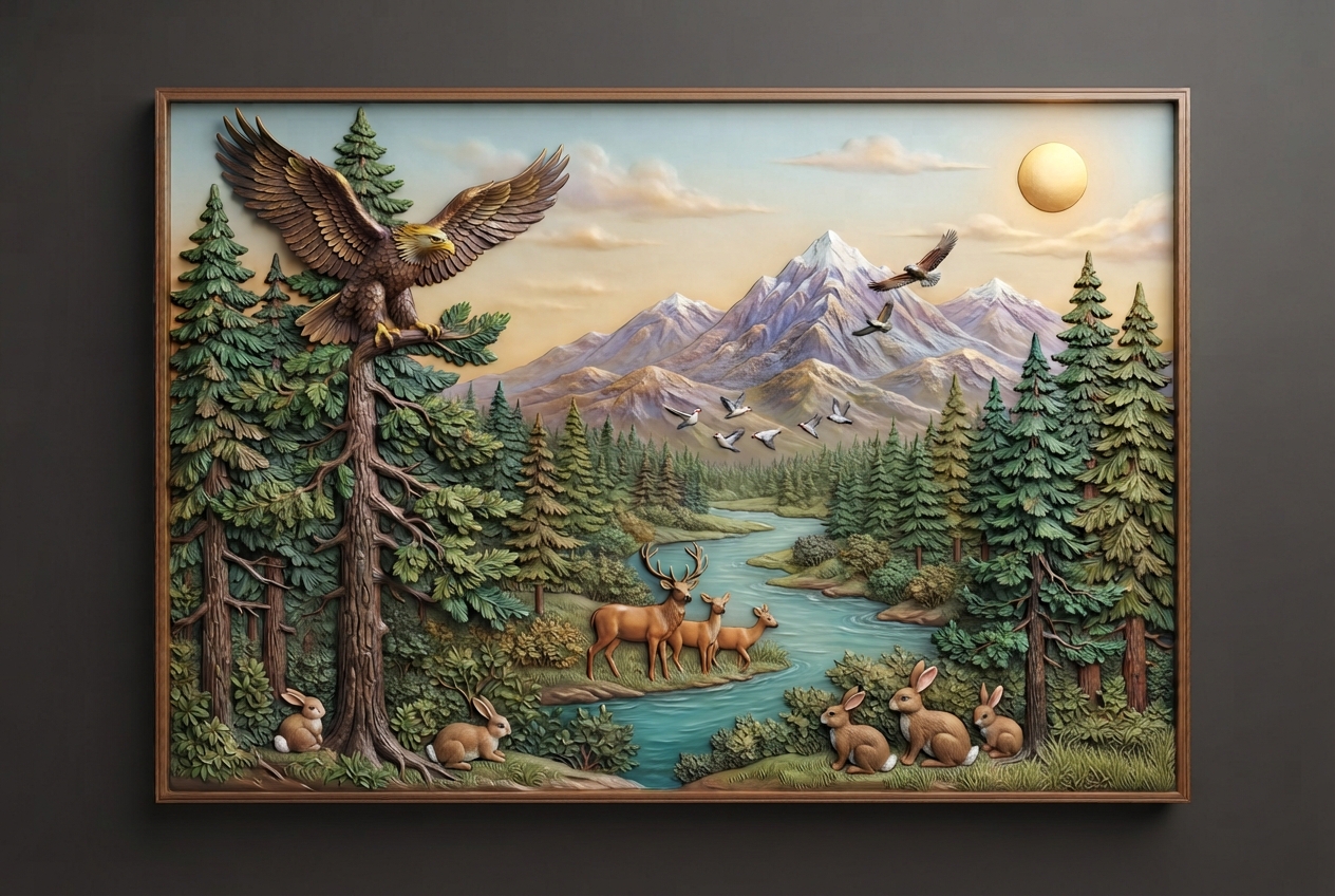 Vibrant earth-tone 3D wall relief of a forest landscape with an eagle, deer, rabbits, a river, and mountains