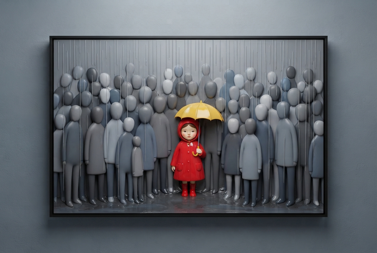 Muted gray 3D wall relief of a dense crowd of faceless figures with a single girl in a red raincoat standing out in the center