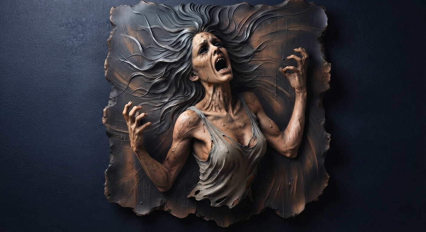 Deep charcoal and warm flesh-toned 3D wall relief of a figure in anguish with irregular torn edges