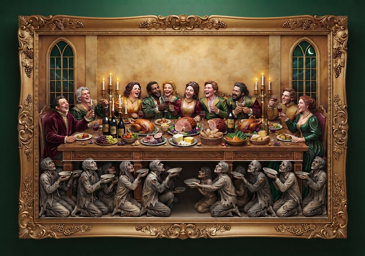 Warm golden and jewel-toned 3D wall relief of a grand banquet with joyful feasters above and kneeling figures with empty plates below