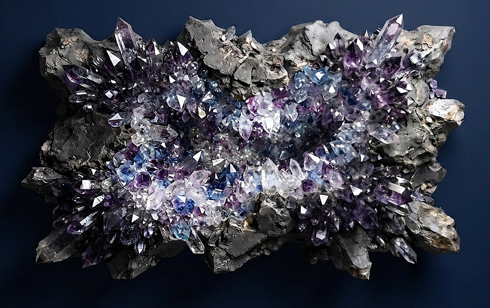 Wide charcoal-gray and amethyst-purple 3D wall relief shaped like a burst geode, with sharp faceted crystal clusters surrounding a glossy quartz center, shown on a deep navy background