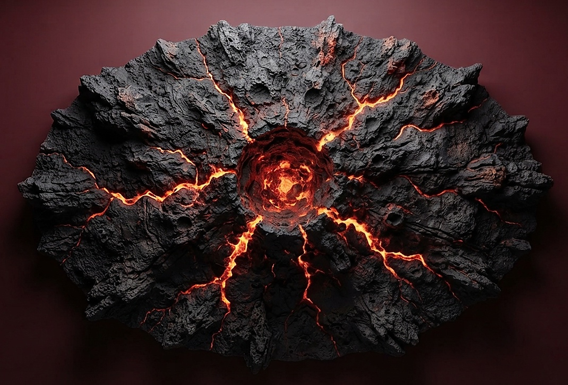 Wide charcoal-black 3D wall relief shaped like a compact volcanic crater, with glowing red-orange lava veins radiating from a deep central pit, shown on a near-black background