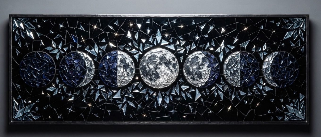 Wide framed 3D wall relief depicting eight lunar phases in faceted silver and indigo glass, surrounded by hundreds of tiny star-like glass fragments, set in a thin dark metal frame