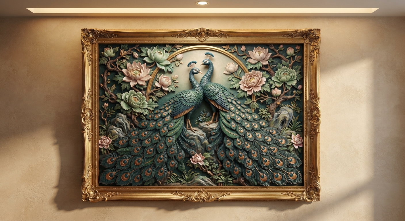 Twin peacocks floral wall relief