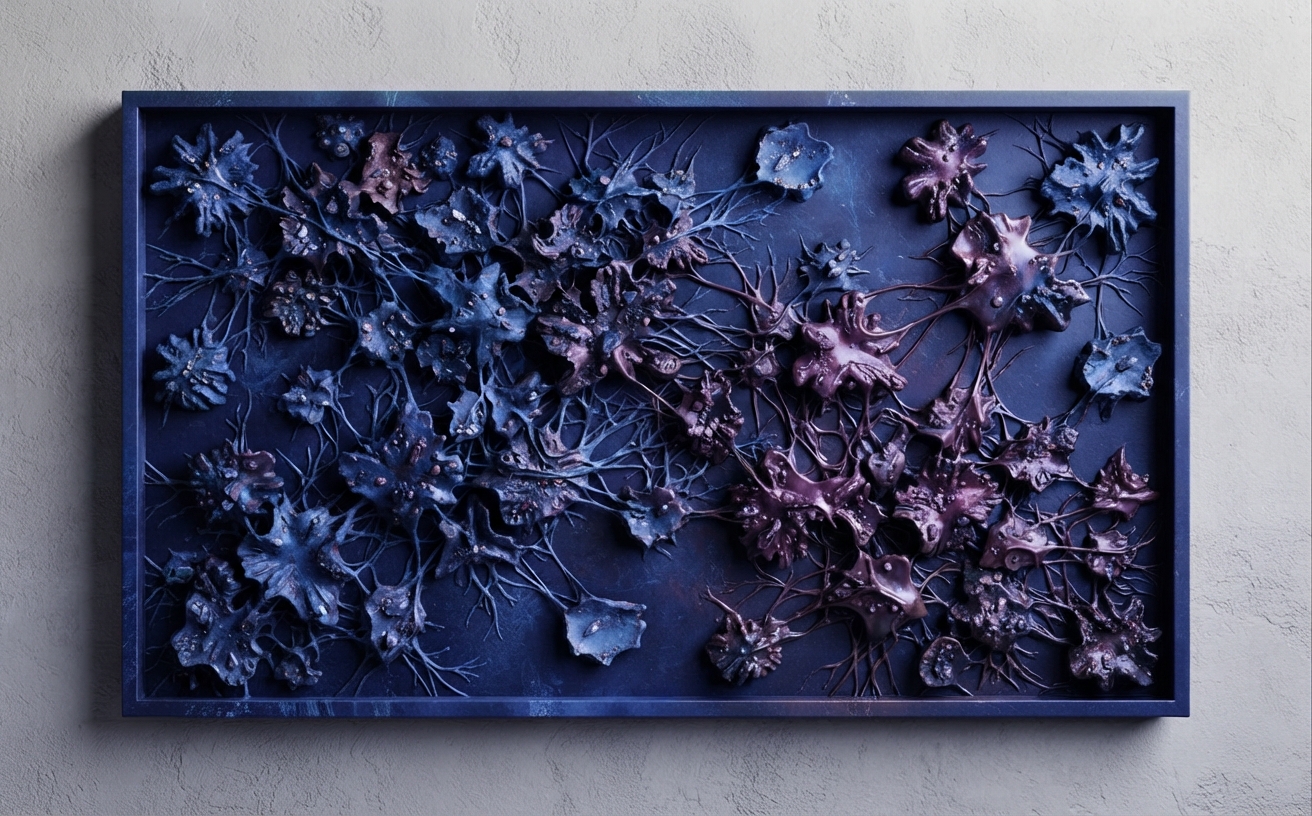 Wide framed 3D wall panel of organic cell-like nodes in deep teal and warm bronze, some nodes isolated with empty gaps around them, others linked by thin bridging filaments, set against a dark textured background