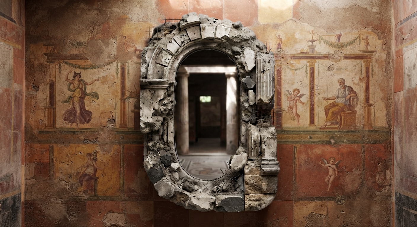 Weathered stone wall mirror render, partially collapsed ancient archway frame with an intact column base on one side and fractured rubble with exposed rebar on the other, elongated oval mirror recessed within the opening