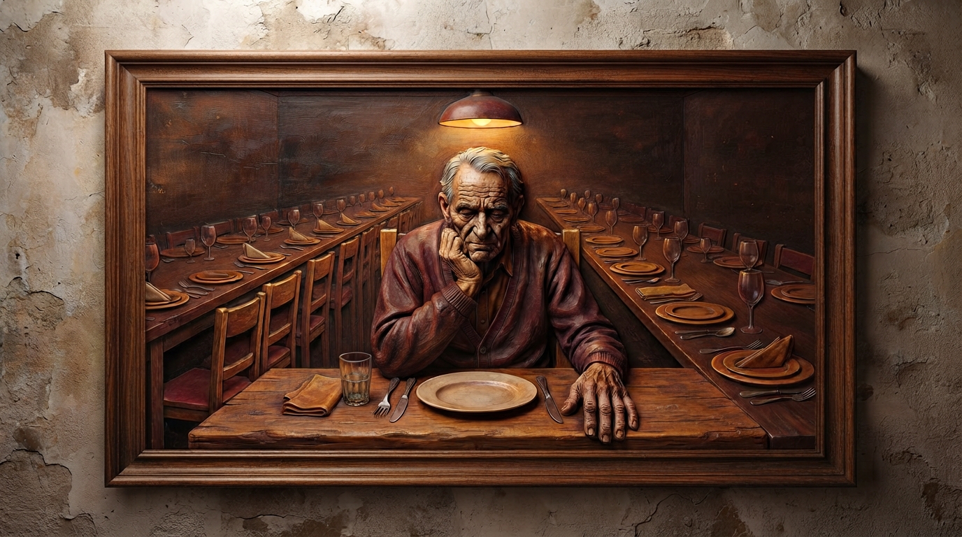 Dark wood-framed 3D wall relief of a single elderly man seated alone at one end of a long dinner table set for many, elbow propped and chin resting on his hand under warm overhead light, empty plates and glasses stretching into shadow down both sides