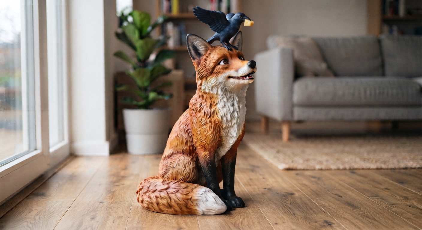 Red fox figurine seated on a wooden floor with a black crow perched on its head holding a piece of cheese, the fox gazing upward with a smile