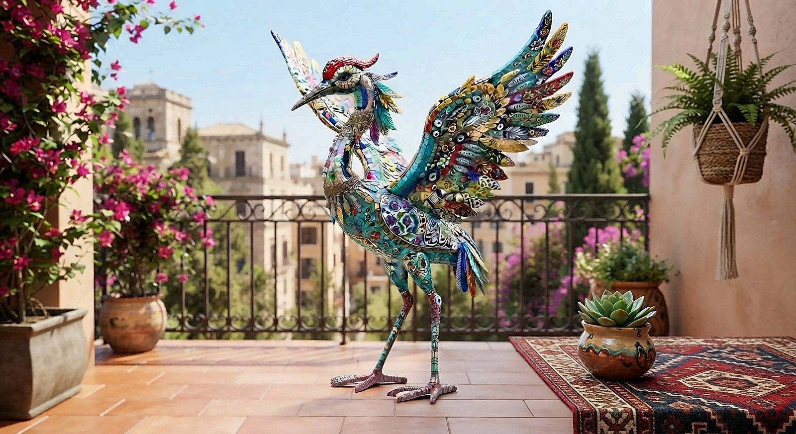 Colorful mosaic crane figurine standing on a sunny terracotta balcony, one wing raised high, turquoise body covered in patterned tiles with a red crest