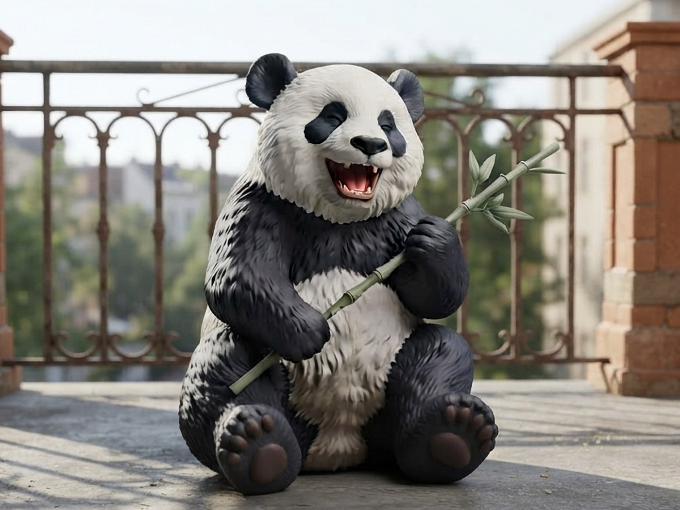 Laughing panda figurine seated on a sunny balcony floor, holding a green bamboo stalk in both paws, black and cream sculpted fur with round paw pads facing forward