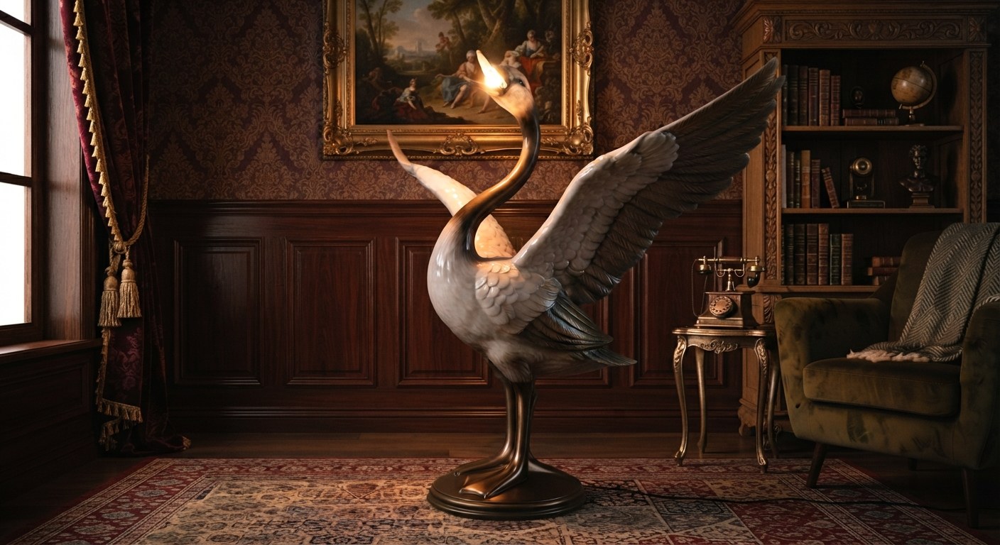 Swan floor lamp with wings spread wide, glowing from its beak in a dark wood-paneled study